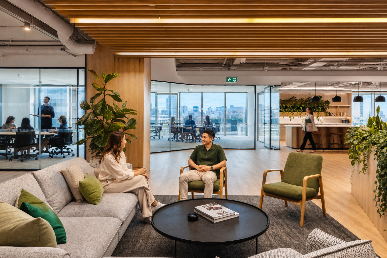 Completed modern corporate office space with meeting room and breakout area