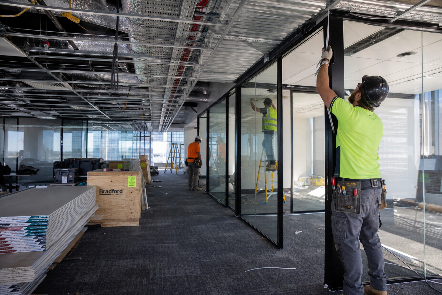 Office fitout construction in progress with tradespeople installing partitions in Sydney