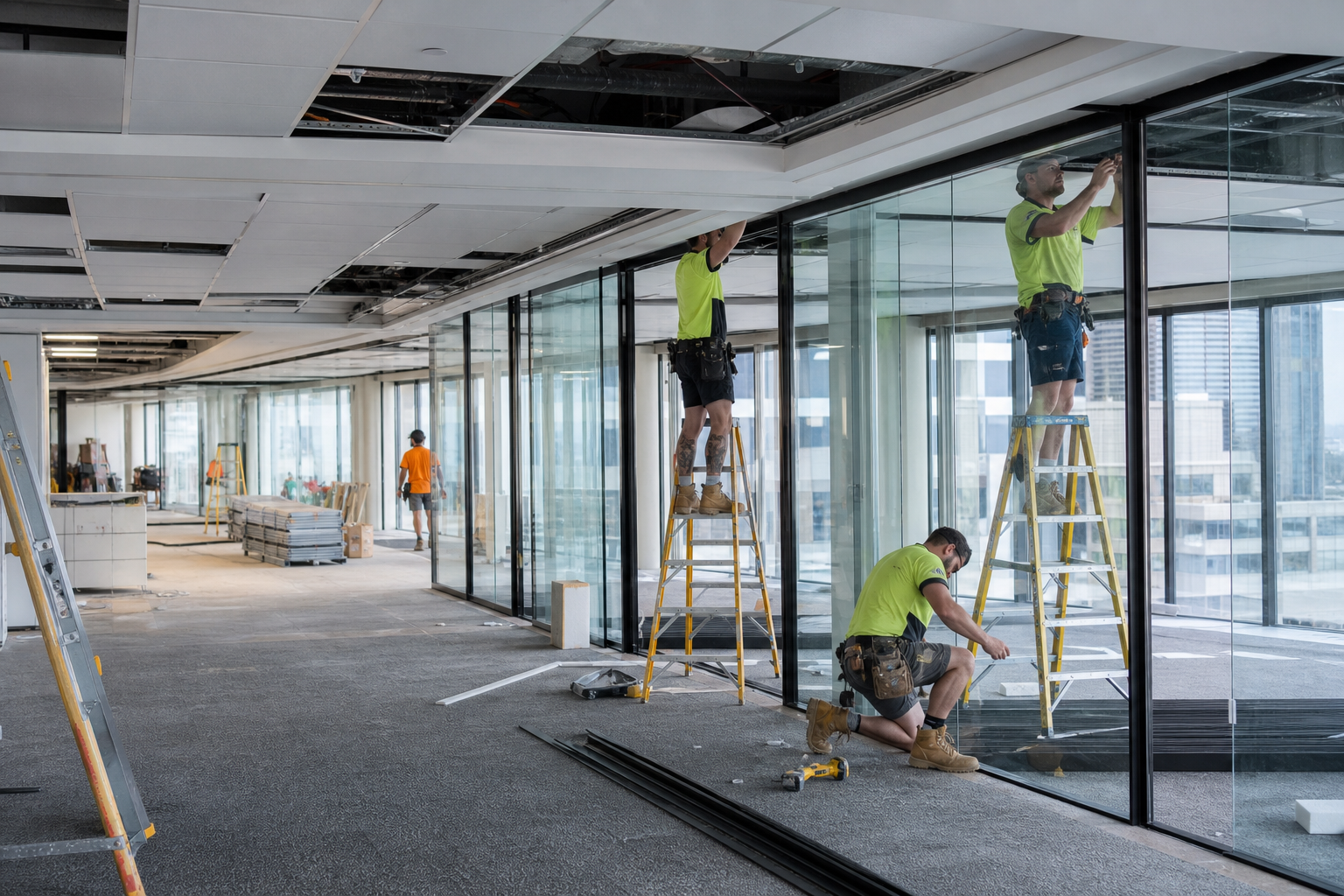 Office fitout construction in progress — tradespeople installing partitions in a Sydney commercial space