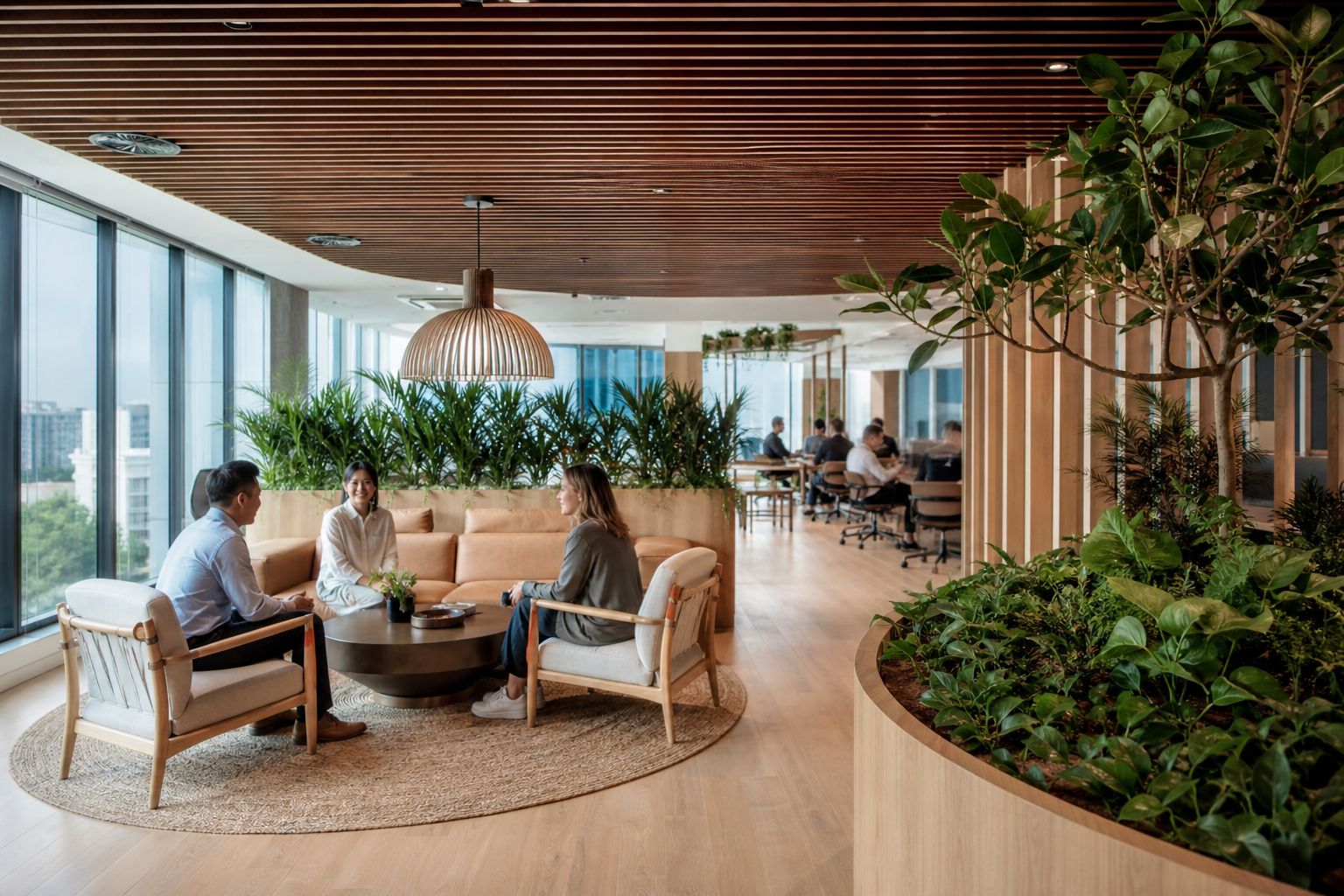 Completed modern corporate office in Sydney with biophilic design and collaborative meeting area