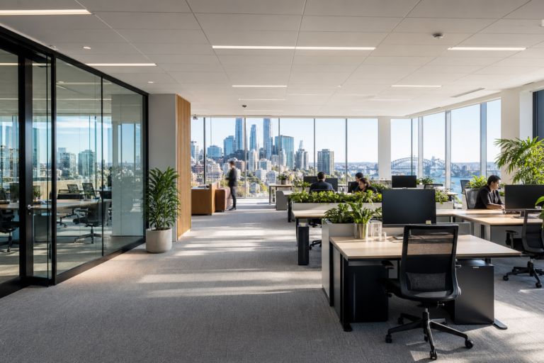 Commercial office fitouts Sydney — modern open plan workspace with glass partitions and natural light