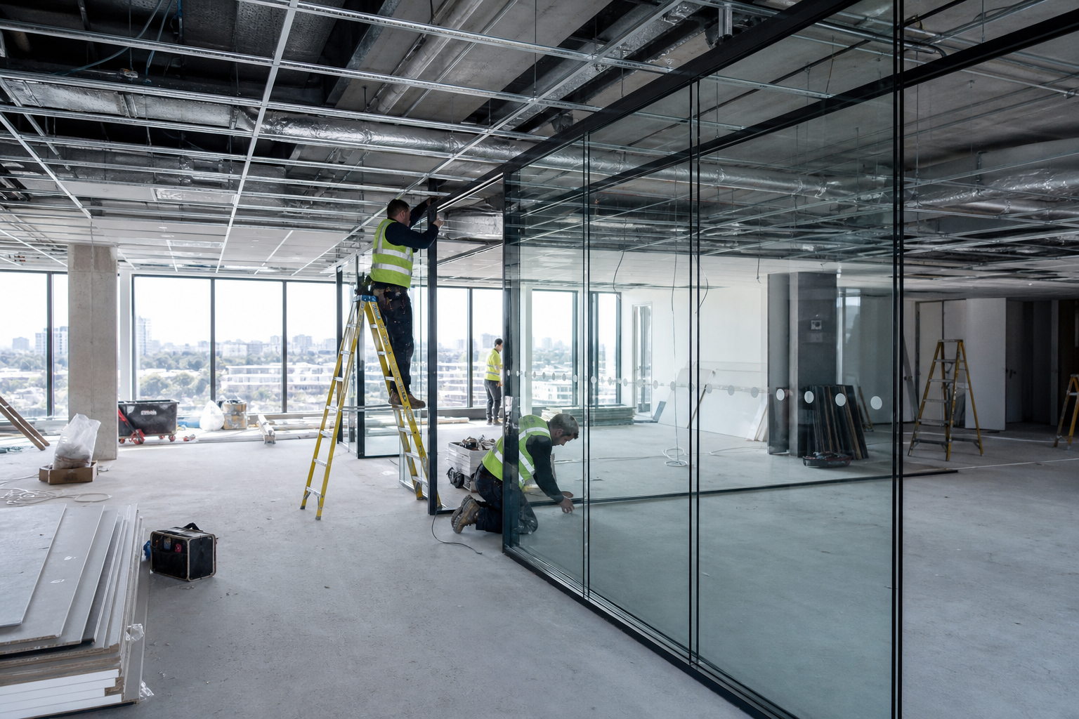 Commercial office fitout construction in progress — glass partition installation in Sydney office