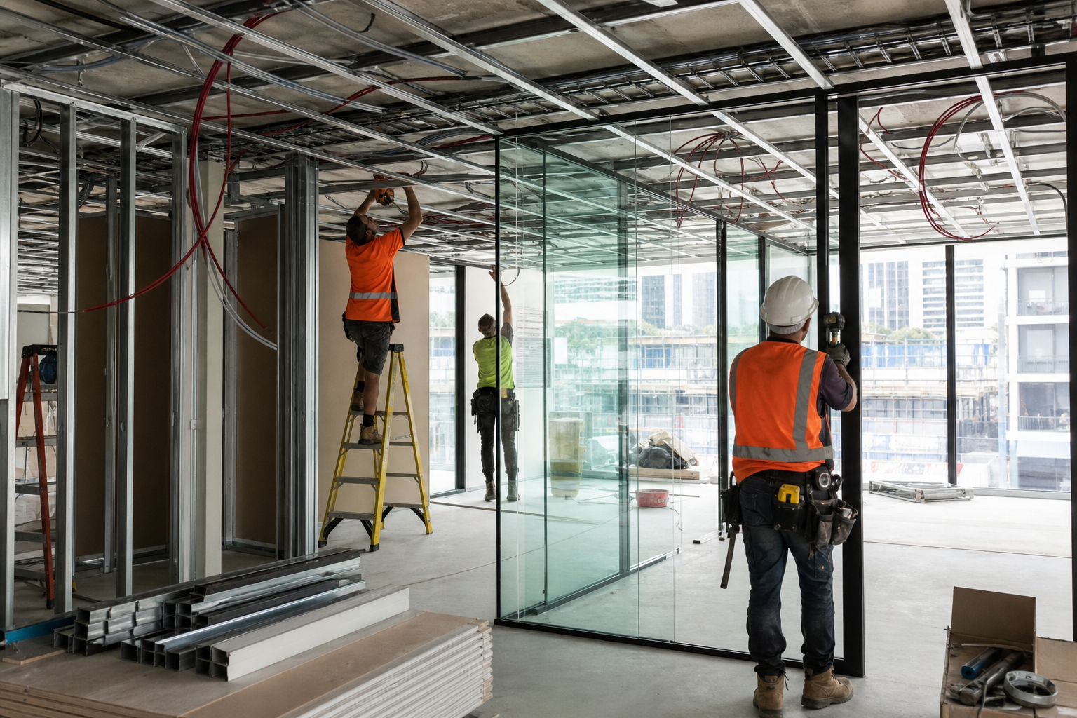 Commercial office fitout construction in progress - tradespeople installing glass partitions in Sydney