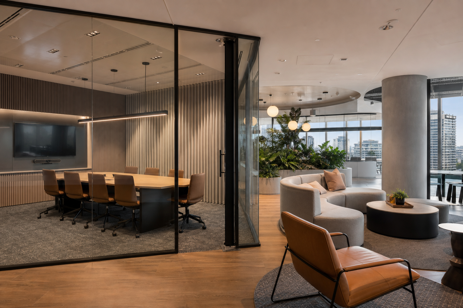 Completed commercial office fitout Sydney - modern meeting room and collaborative workspace