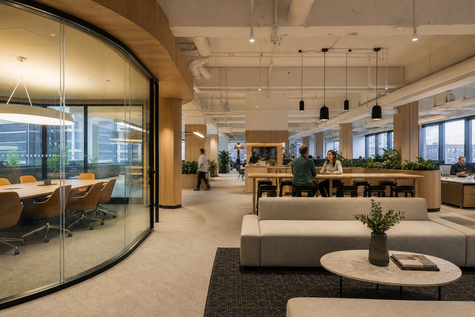 Completed modern office fitout in Sydney with glass meeting rooms and collaborative workspace