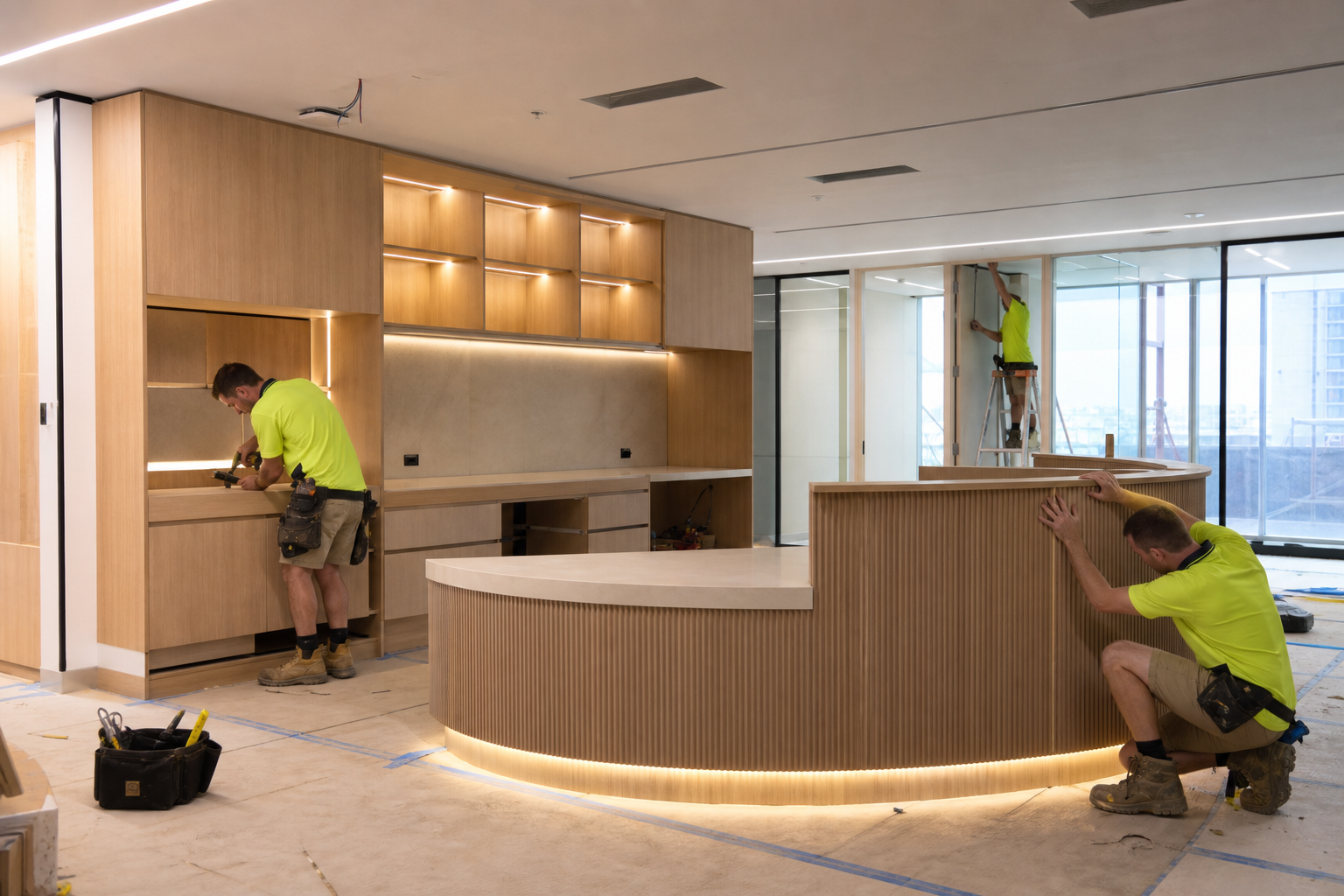 Specialist office fitout construction in progress with custom joinery installation Sydney