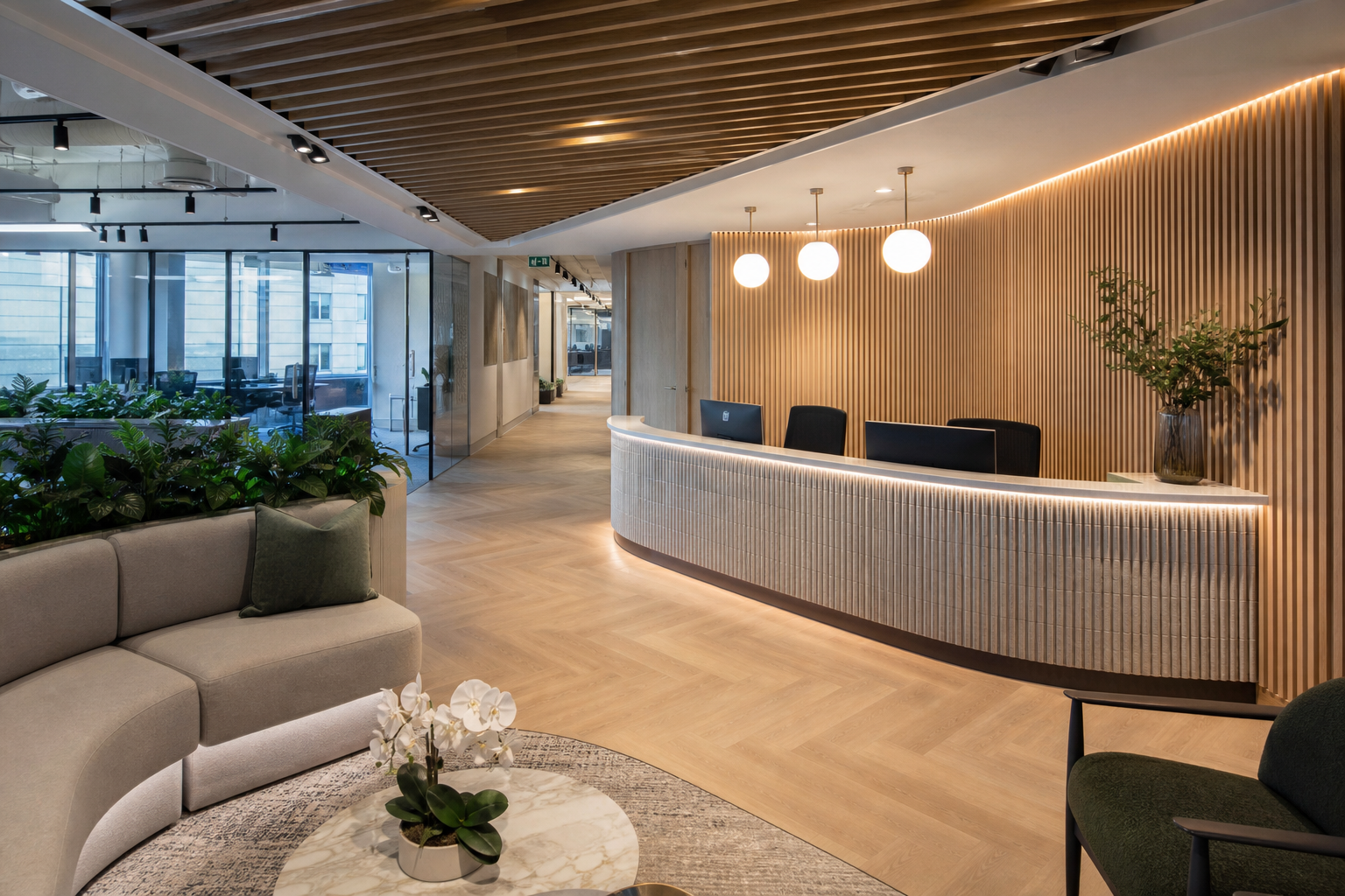 Completed industry-specific specialist office fitout with reception area and acoustic panels Sydney