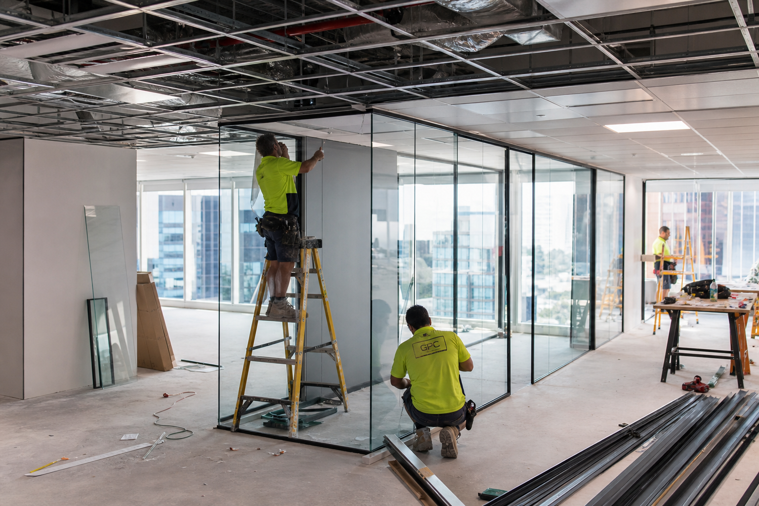 Office fitout construction in progress — tradespeople installing glass partitions in a Sydney commercial office