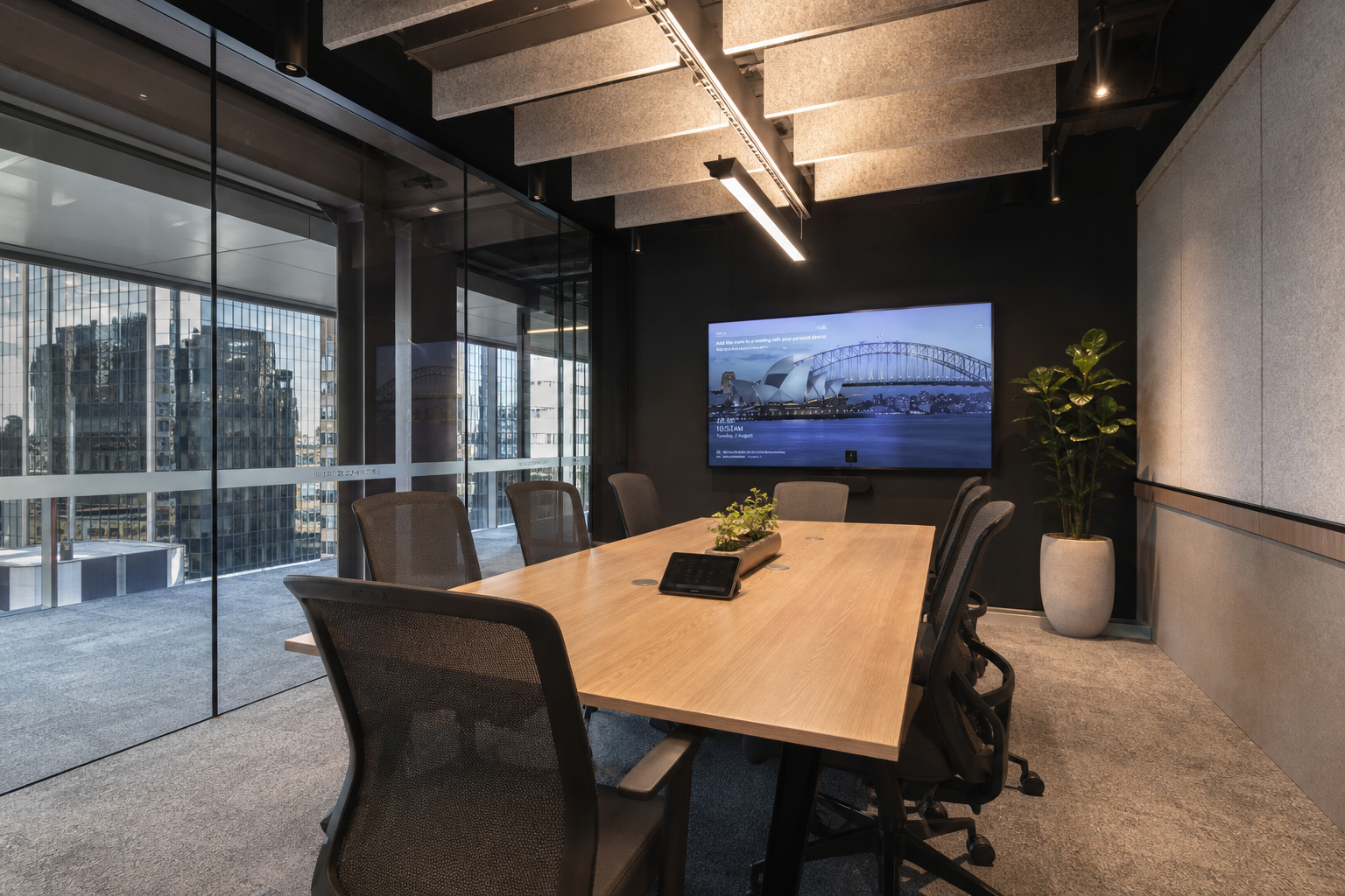 Completed modern meeting room in a turnkey office fitout — glass walls, integrated AV, and biophilic design