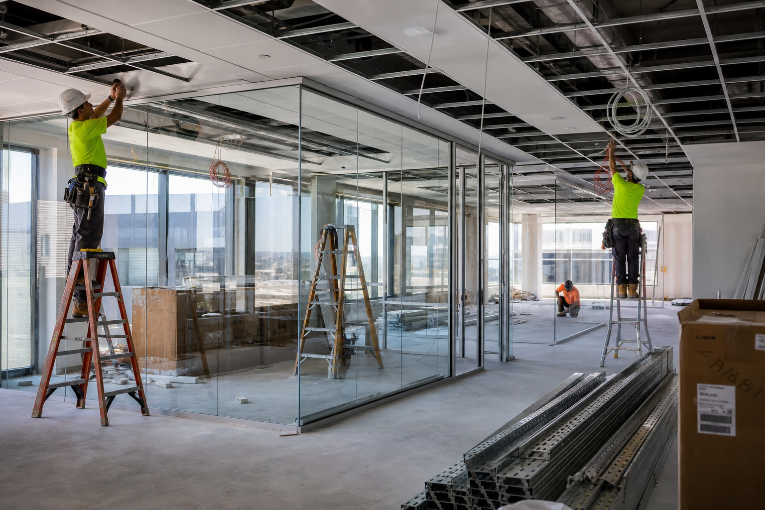 Office fitout construction in progress — tradespeople installing partitions and ceiling in Sydney commercial space