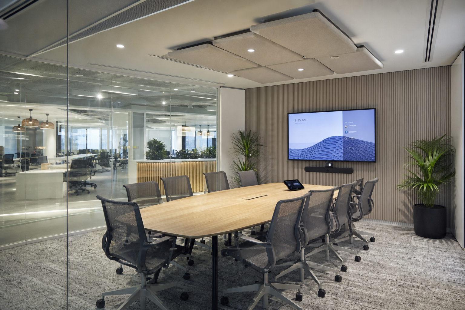 Completed modern office boardroom with video conferencing, glass walls, and acoustic ceiling