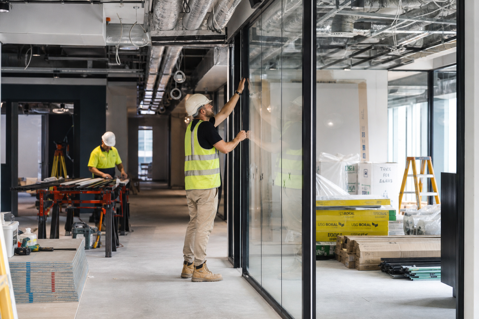 Office fitout construction in progress — glass partitions being installed in a Sydney commercial space