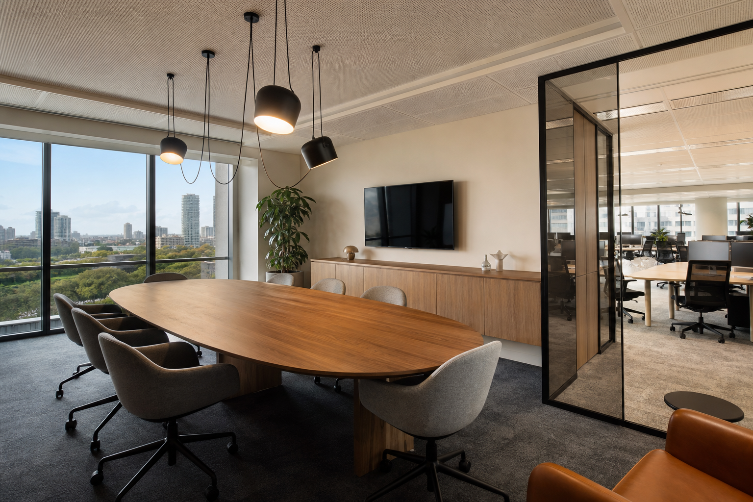 Completed office interior design Sydney — modern meeting room with timber joinery and pendant lighting