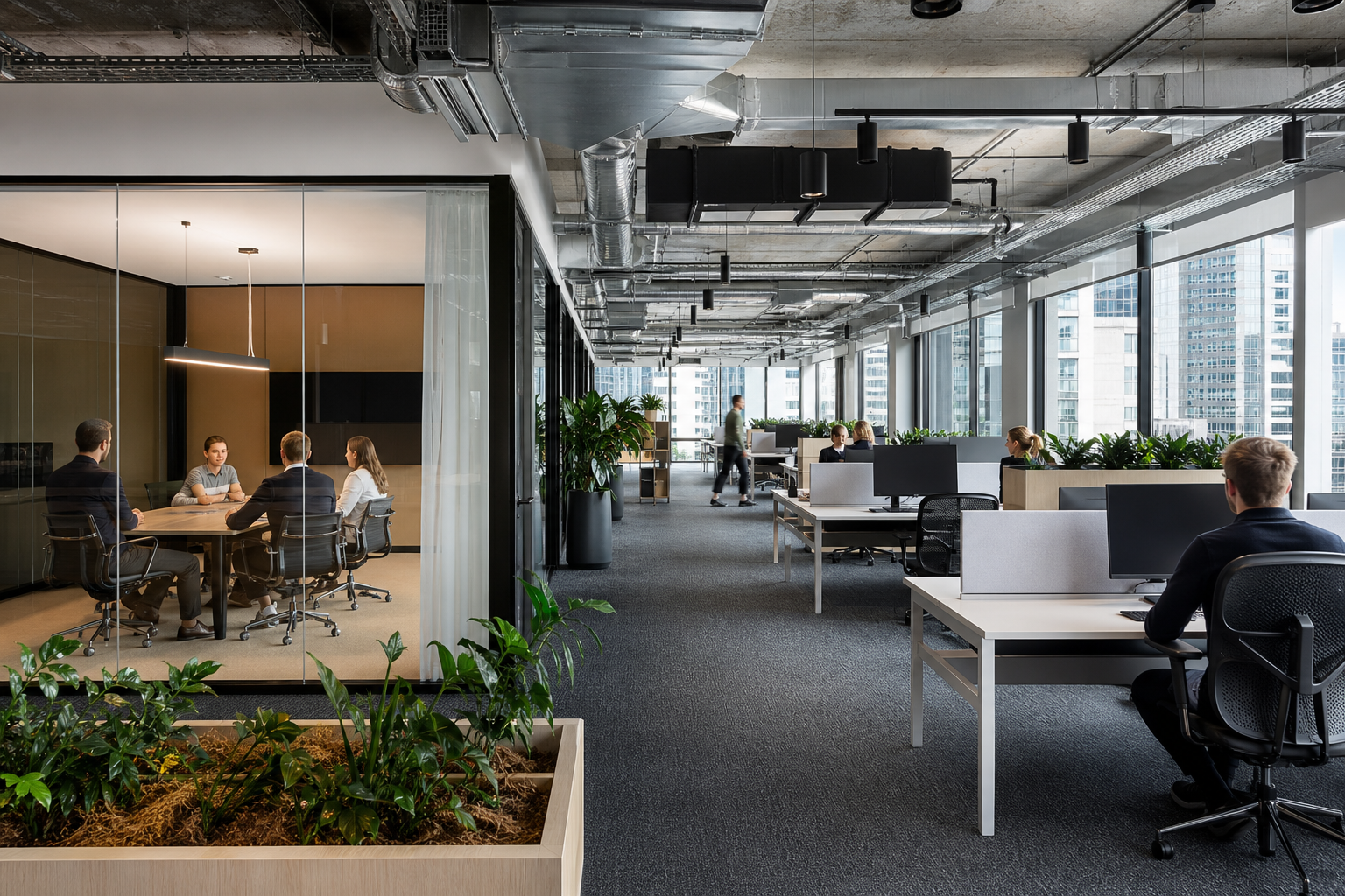 Office fitout construction in progress in Sydney with tradespeople installing partitions