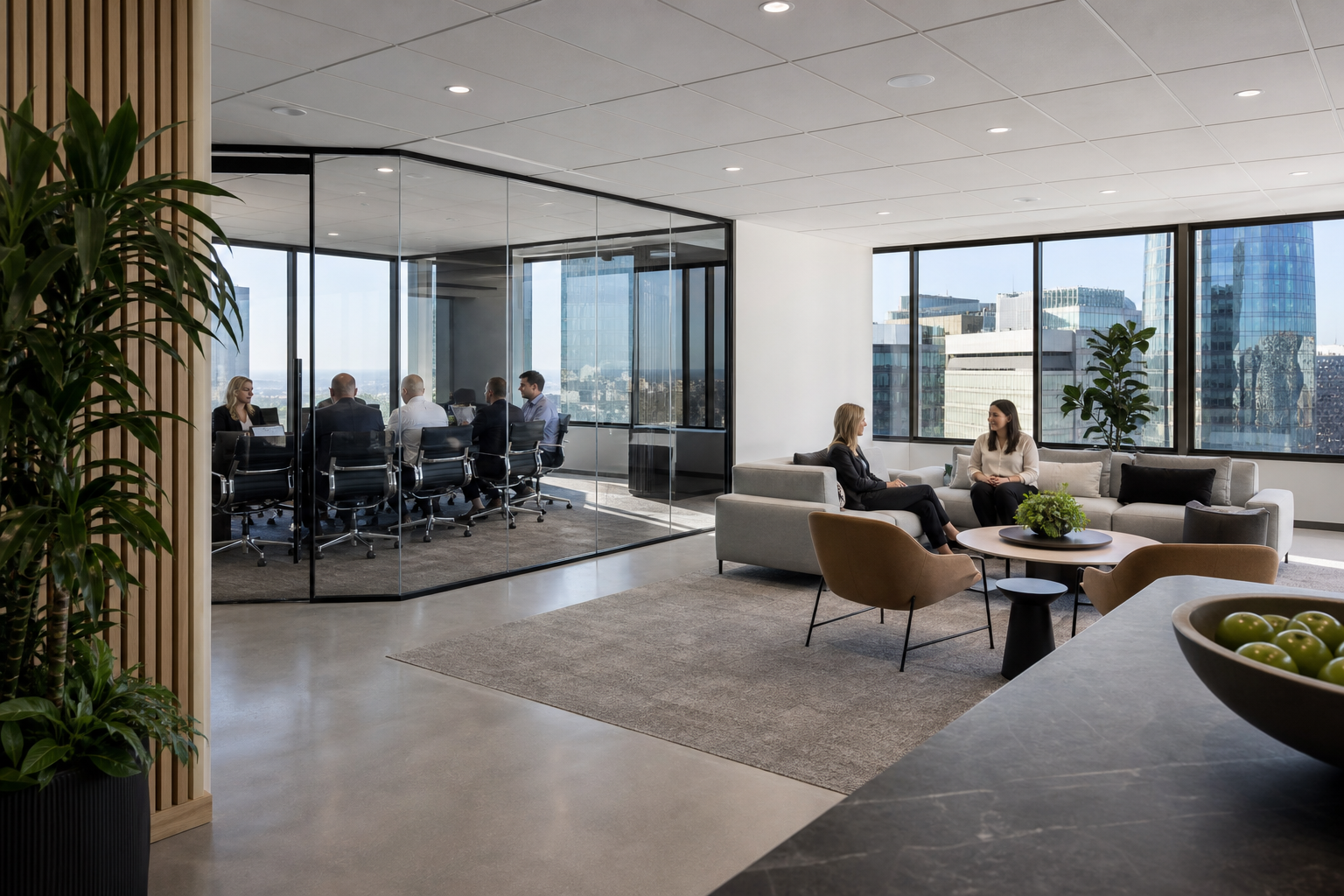 Completed modern Sydney office with glass boardroom and collaborative meeting space
