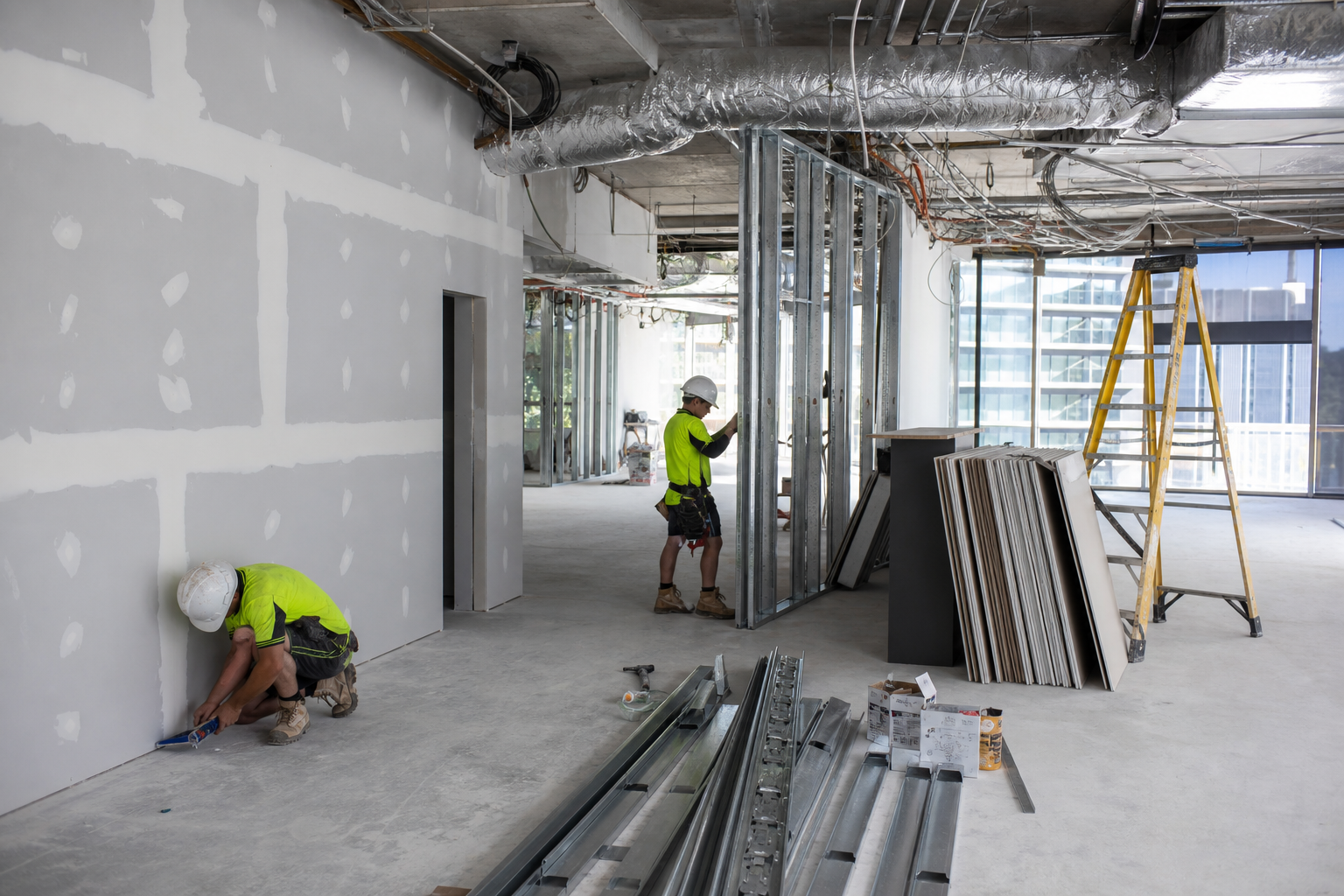 Office renovation Sydney in progress - tradespeople installing partitions and electrical work