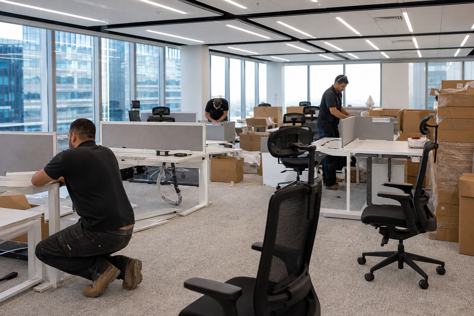 Office furniture fitout installation Sydney - workstations being assembled