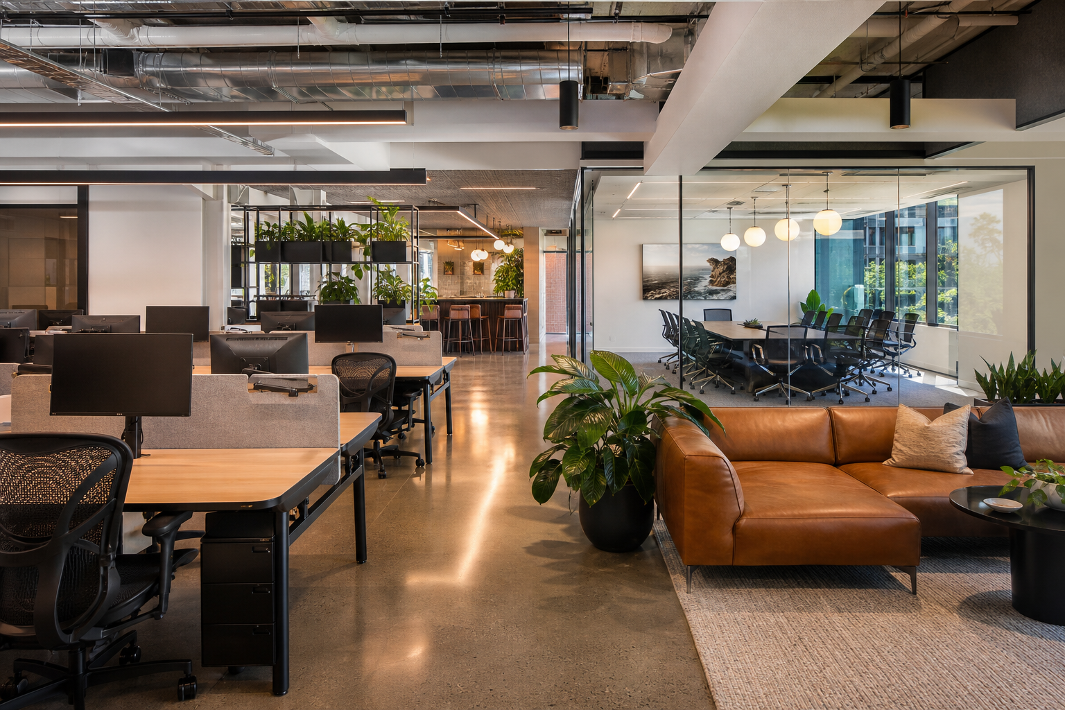 Completed office furniture fitout Sydney - modern collaborative workspace