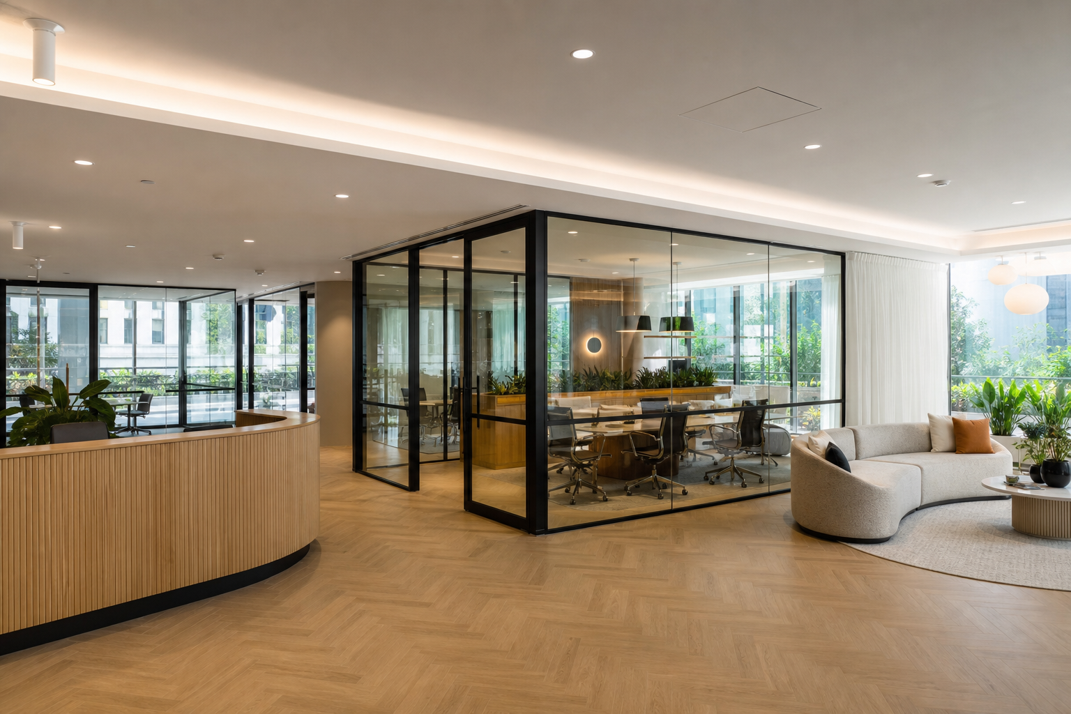Completed modern Sydney office space with meeting rooms and collaborative areas