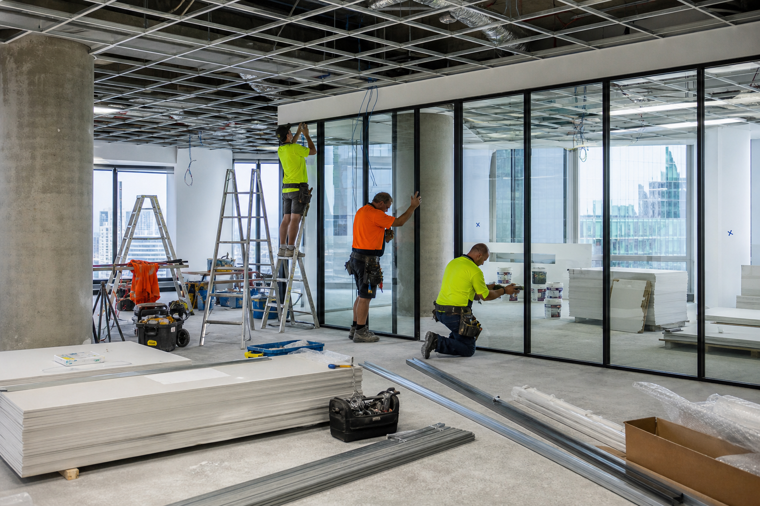 Office fitout construction in progress Sydney - glass partitions being installed