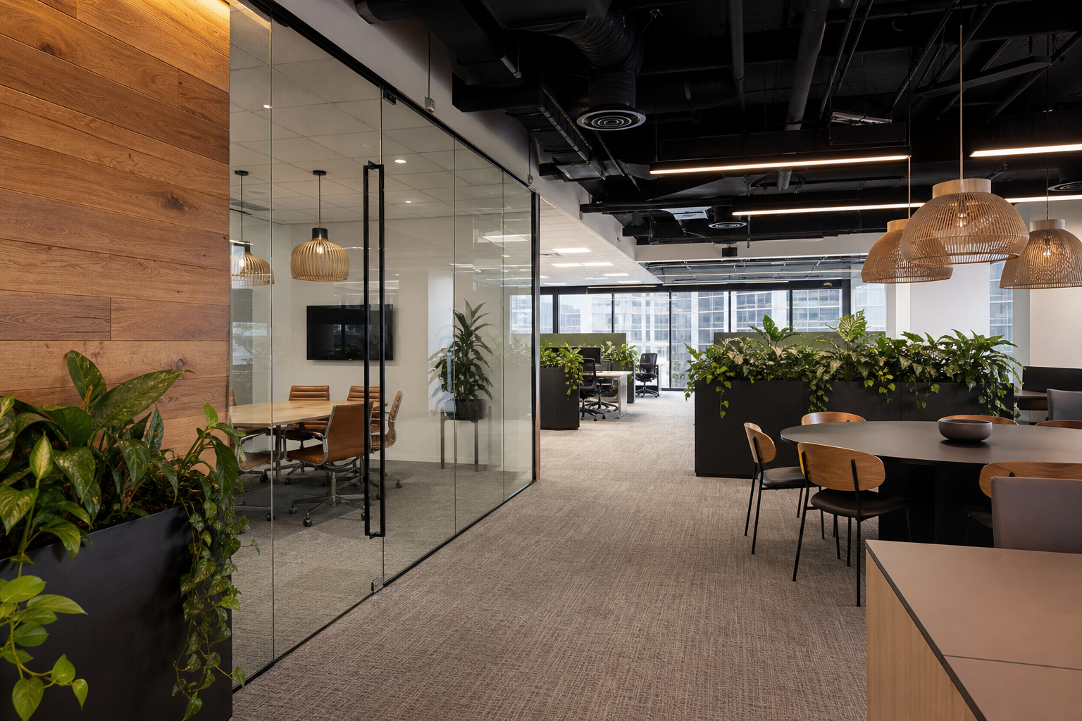 Completed modern Sydney office fitout - collaborative workspace with meeting rooms