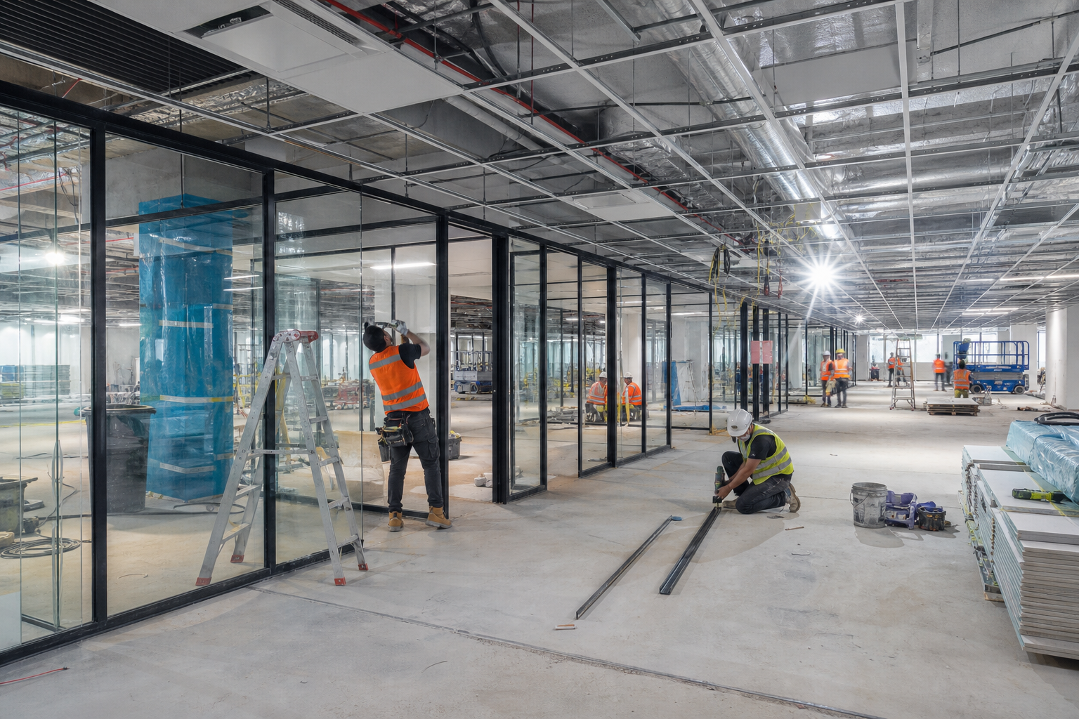 Corporate office fitout Sydney construction in progress — glazed partition installation by Office Fitouts Sydney