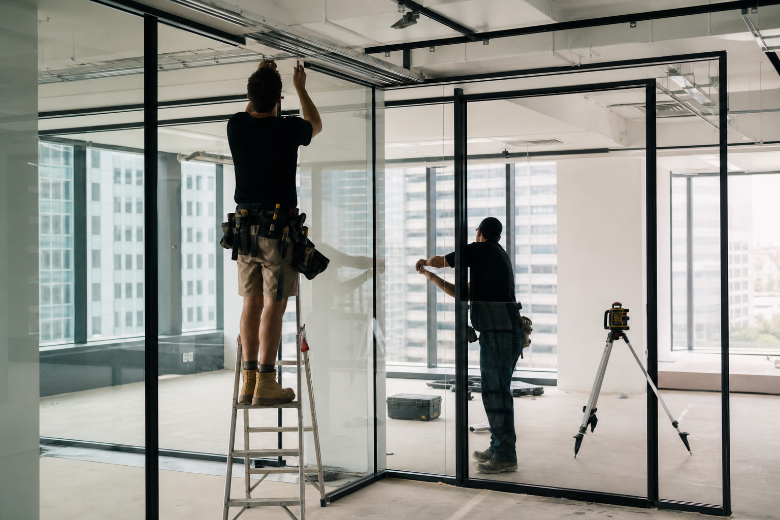 Glass office partition installation Sydney - tradespeople fitting aluminium framed glass panels in commercial office