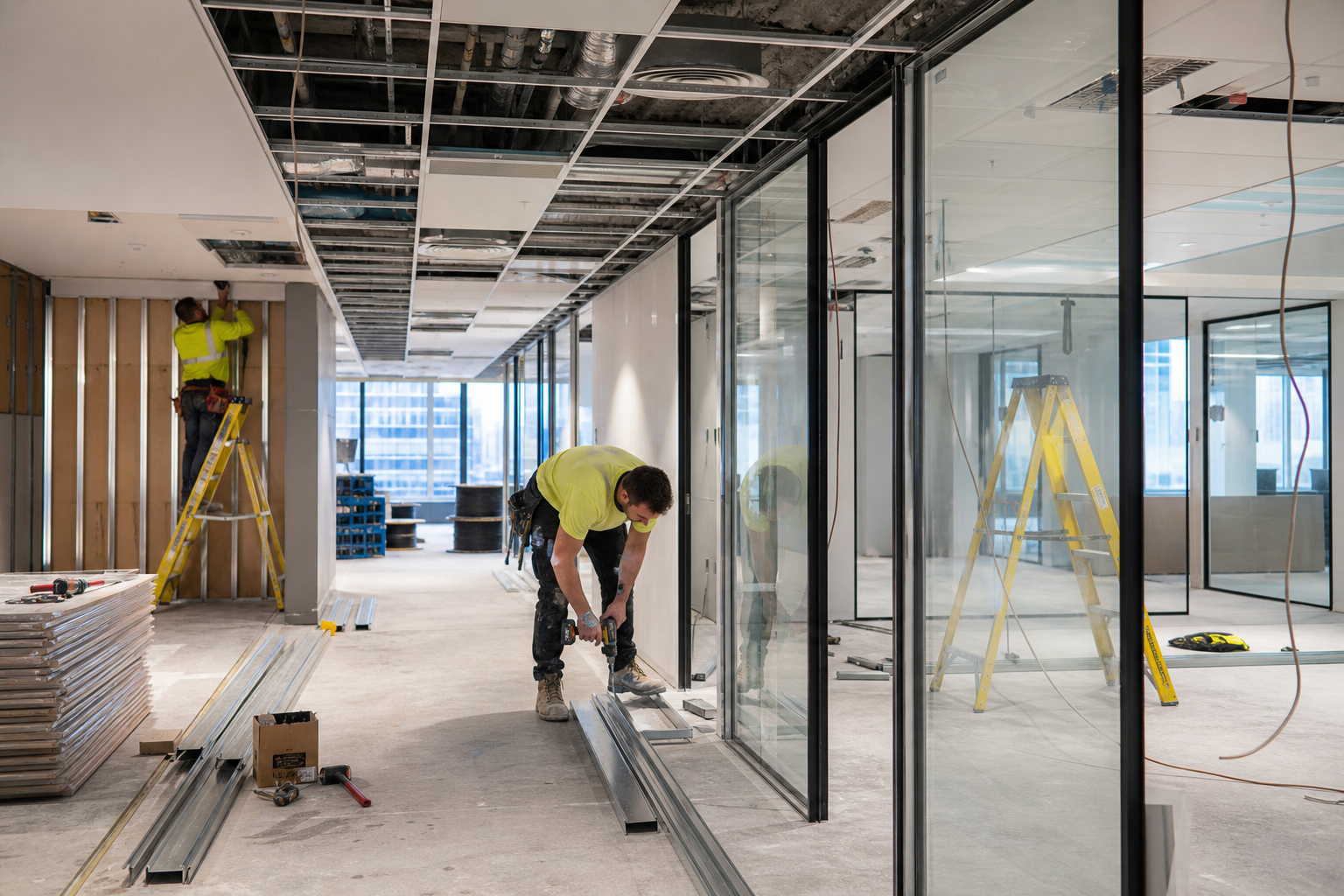 Office refurbishment Sydney - construction in progress installing glass partitions