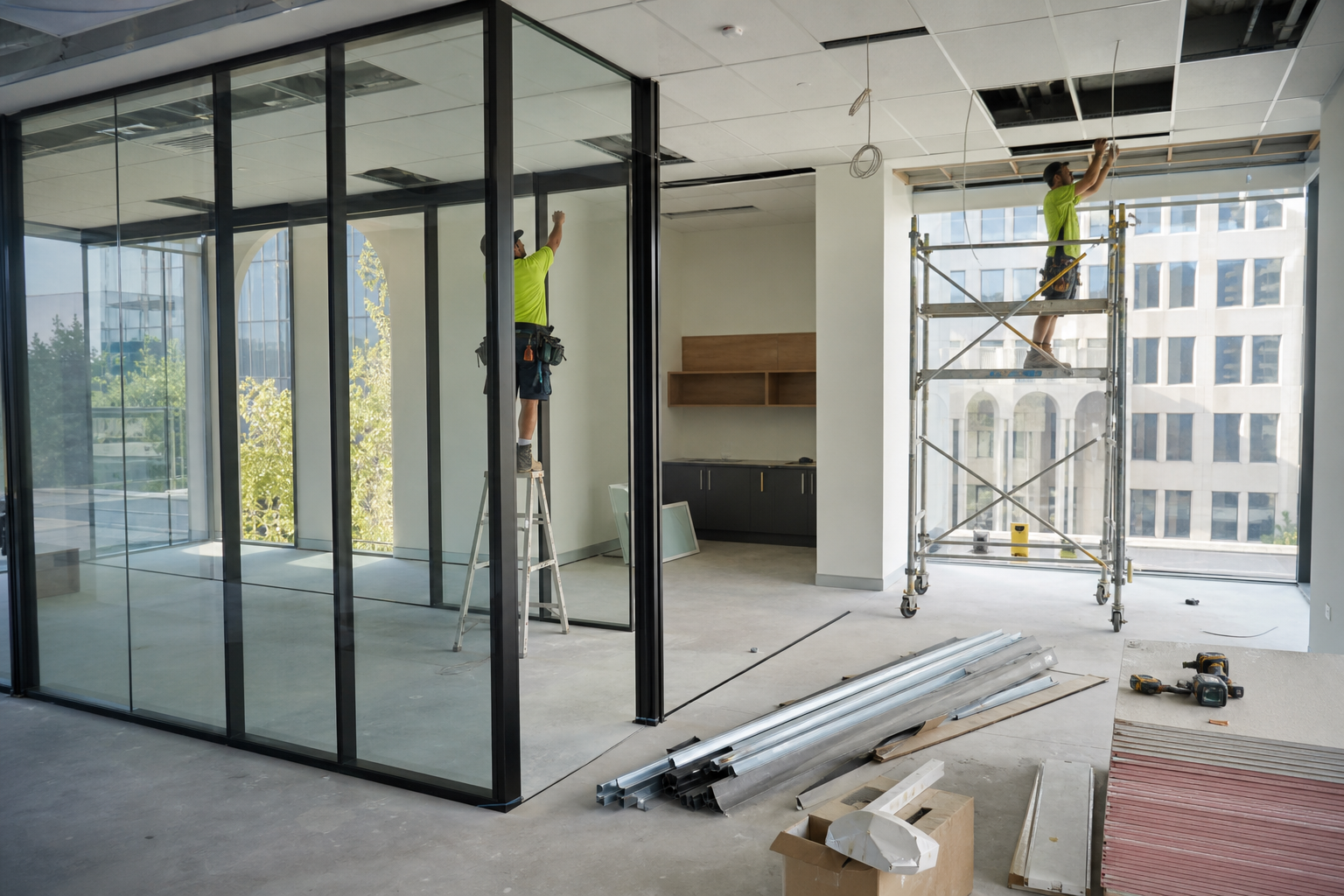Small office fitout Sydney construction in progress - glass partitions and ceiling installation