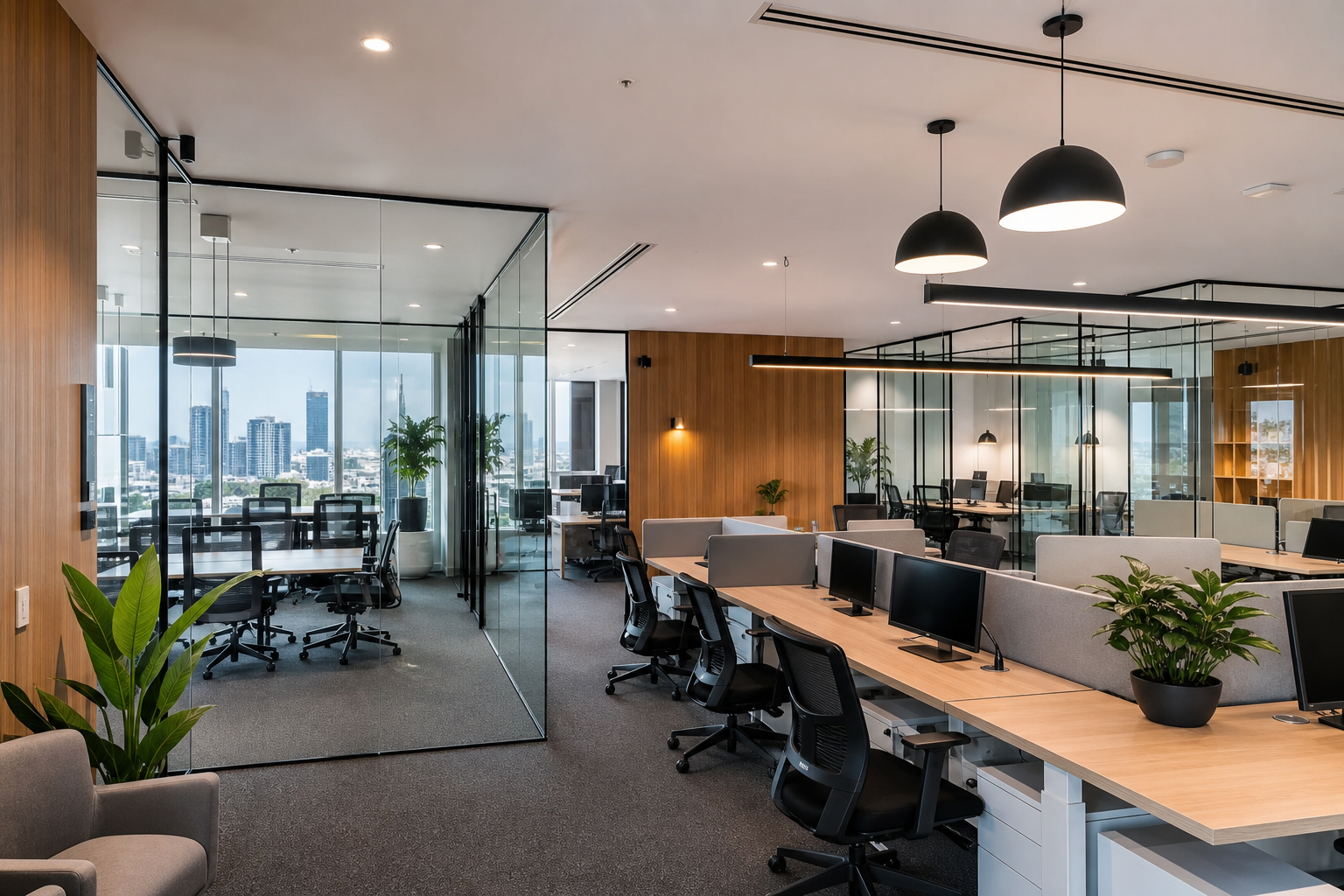 Completed glass office partitions Sydney - frameless glass meeting rooms in modern office fitout