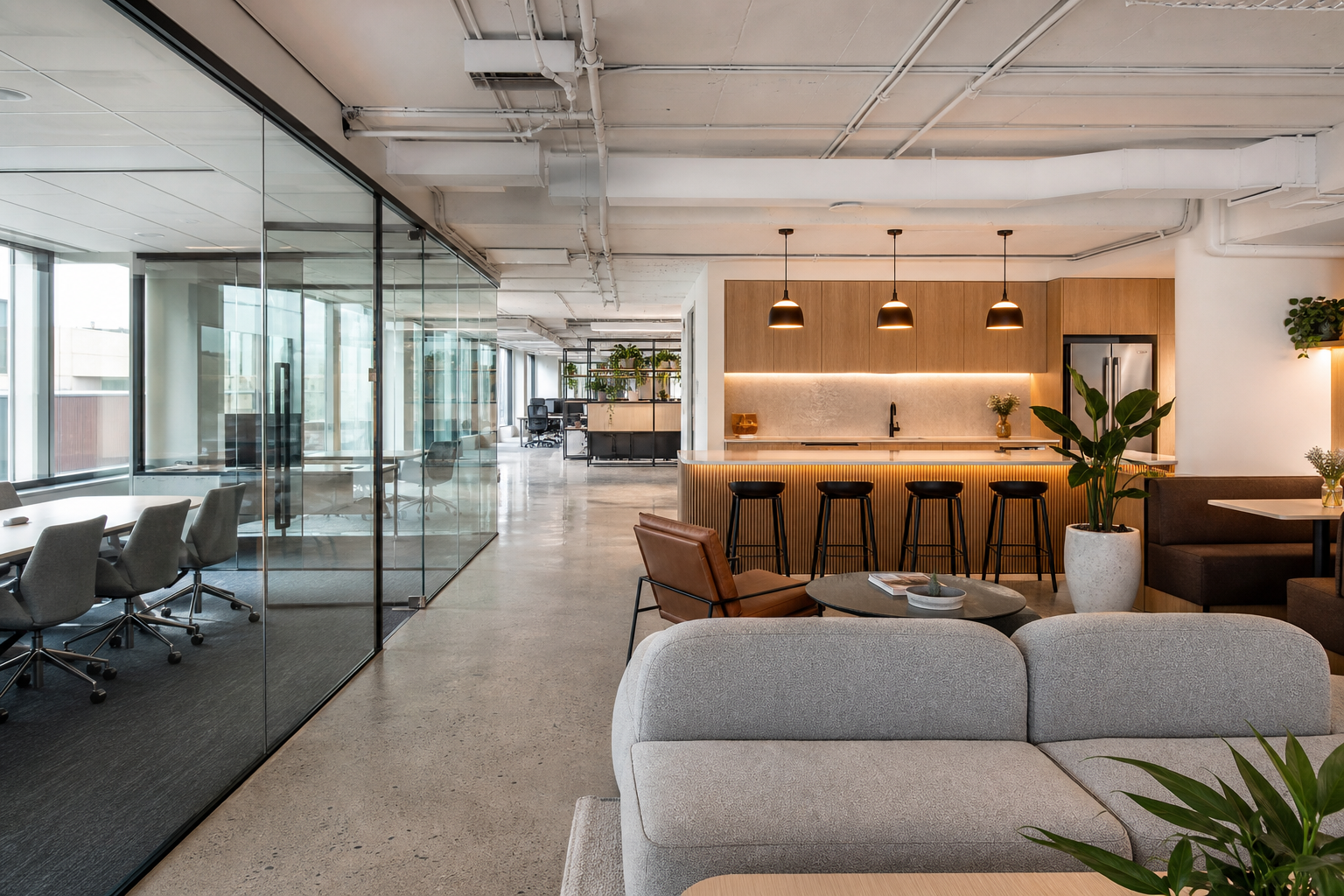 Completed small office fitout Sydney - modern meeting room with frameless glass walls and breakout lounge
