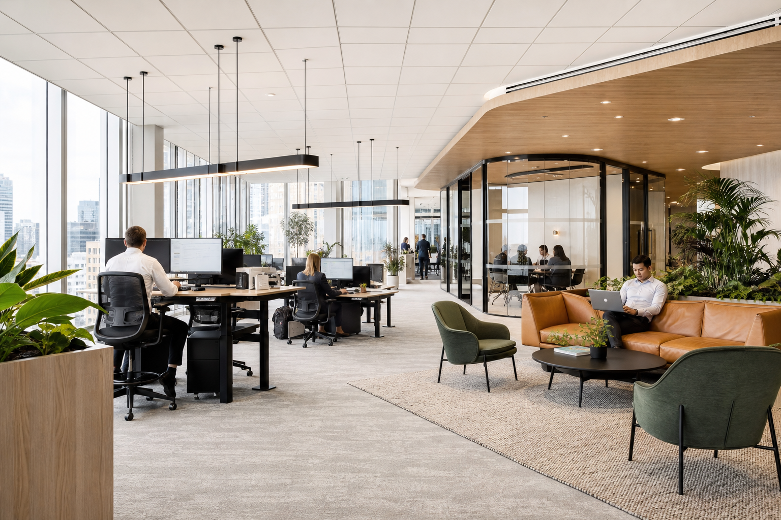 Completed corporate office workstations Sydney - sit-stand cluster layout