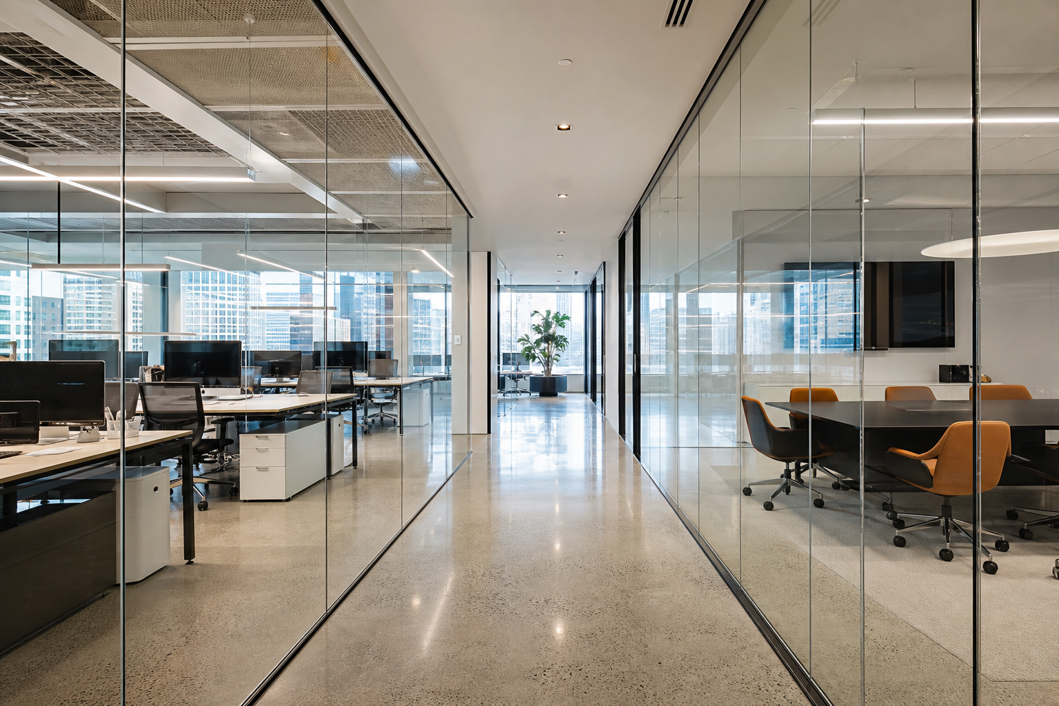 Completed office partitions in a modern Sydney office — glass and demountable walls