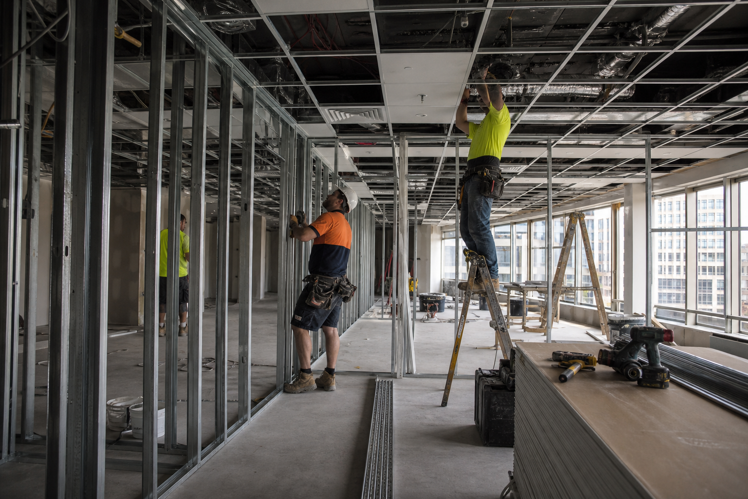Office fitout construction in progress in Sydney with tradespeople installing partitions