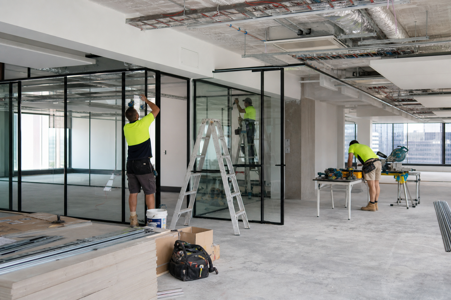 Office fitout construction in progress in Sydney with tradespeople installing glass partitions