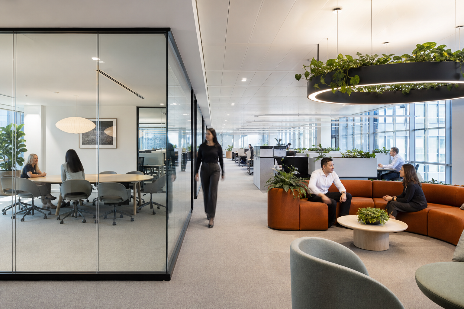 Completed modern Sydney office space with meeting rooms and collaborative breakout area