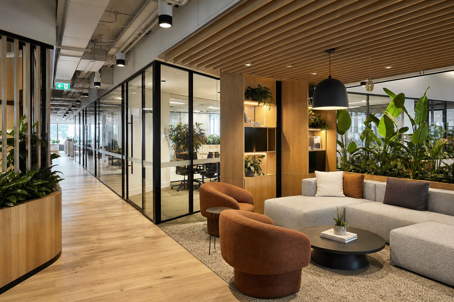 Completed modern Sydney office with breakout lounge and biophilic planting