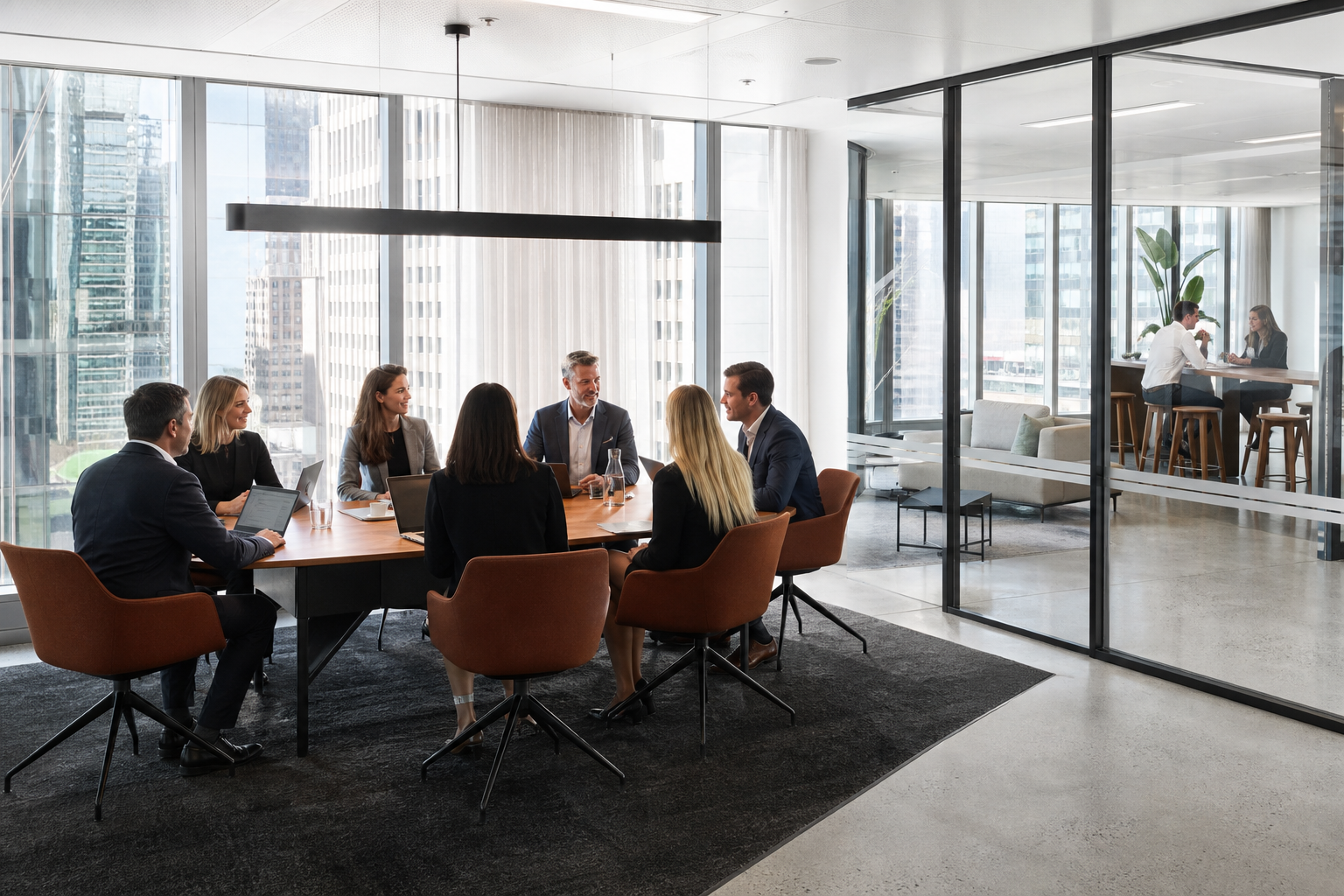 Completed modern office meeting room in a Sydney office fitout