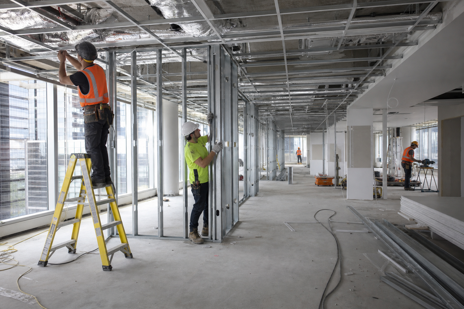 Office fitout construction in progress in Sydney with tradespeople installing partitions