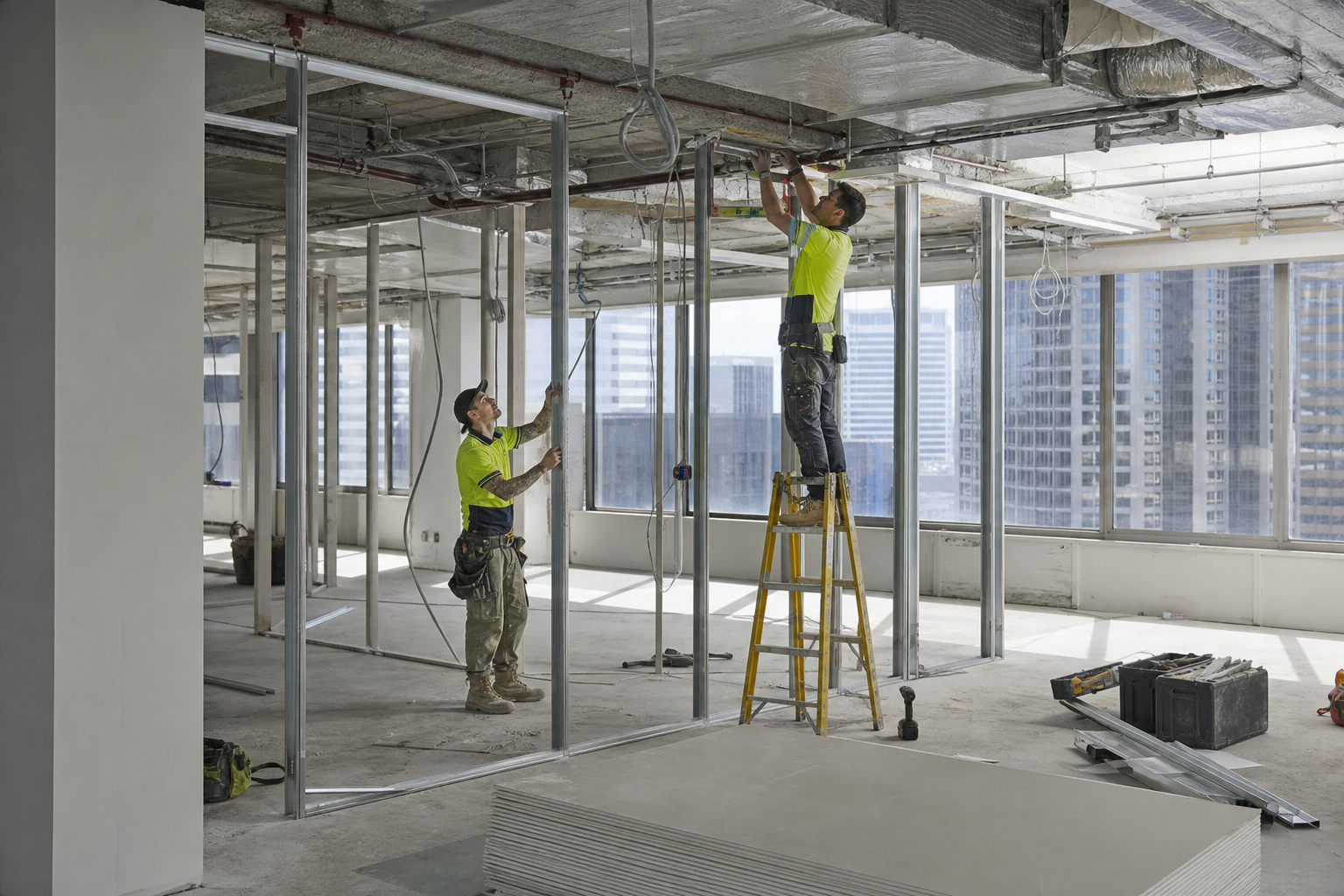 Tradespeople installing partition framing during a commercial office fitout in Sydney