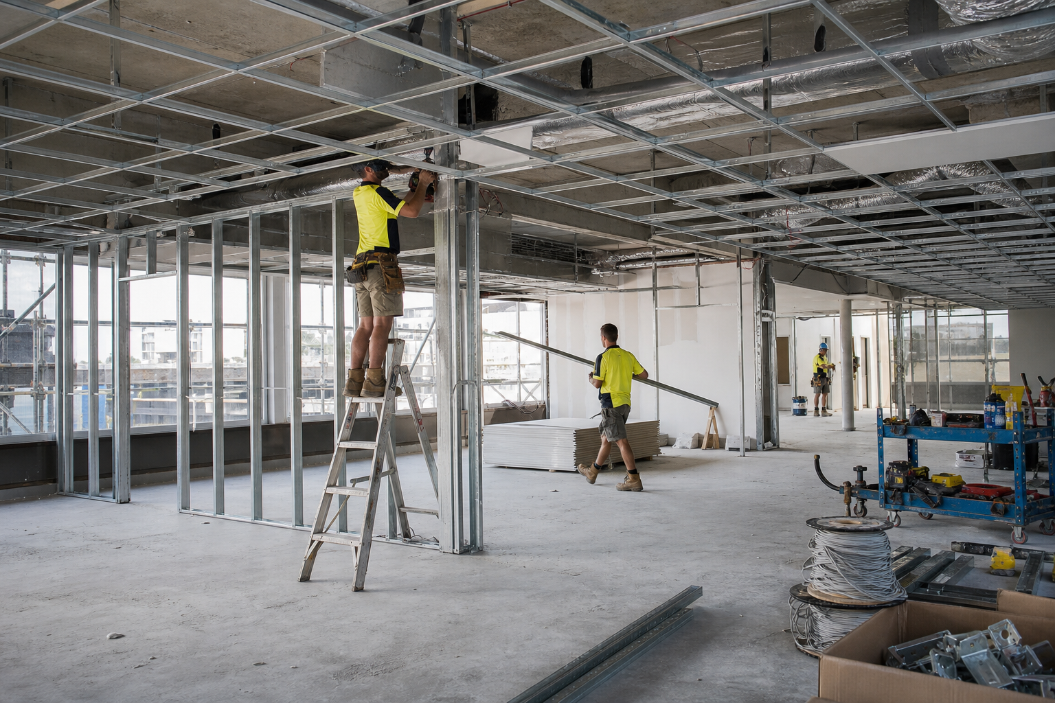 Office fitout construction in progress in Sydney with ceiling grid and partition framing