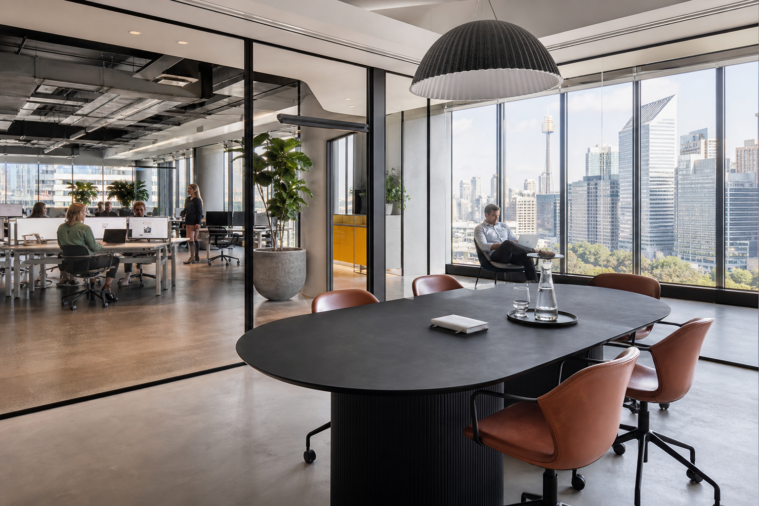 Completed modern Sydney office space with glass meeting room