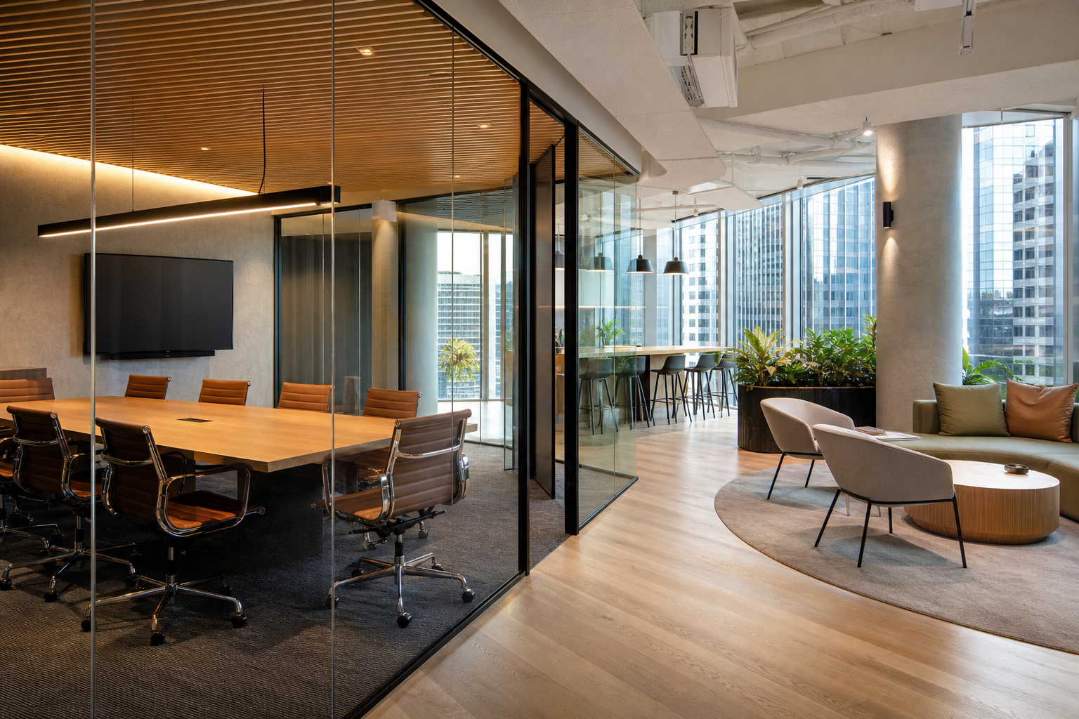 Completed Sydney corporate office with glass boardroom and breakout area after a commercial fitout