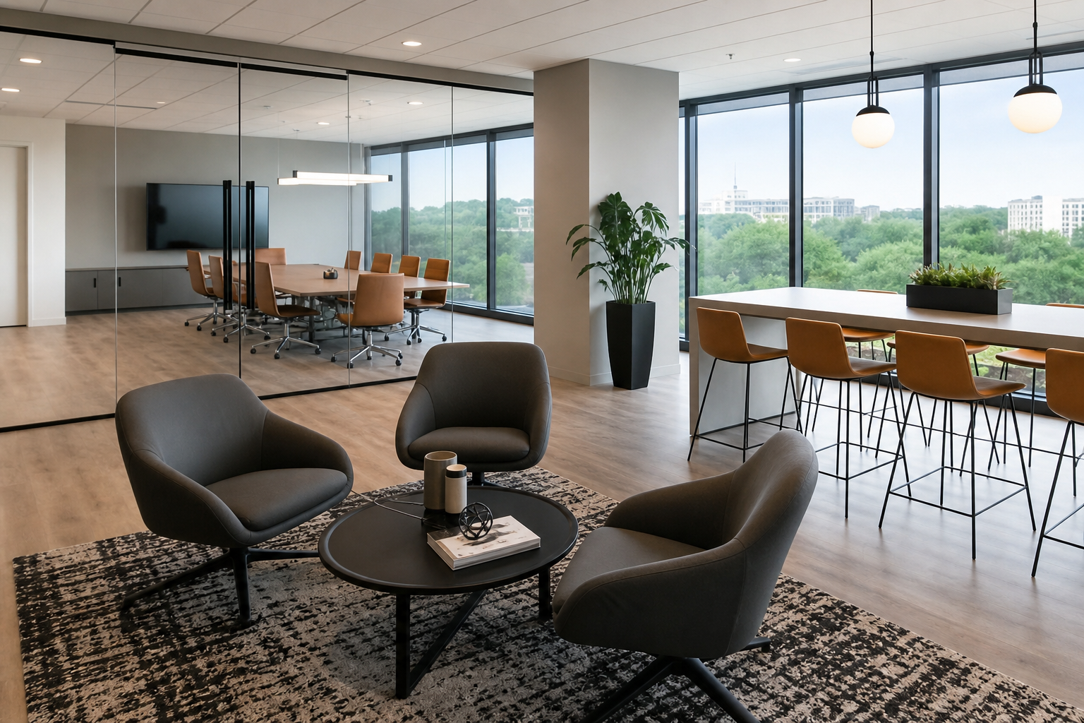 Completed modern office meeting room and breakout space in Sydney
