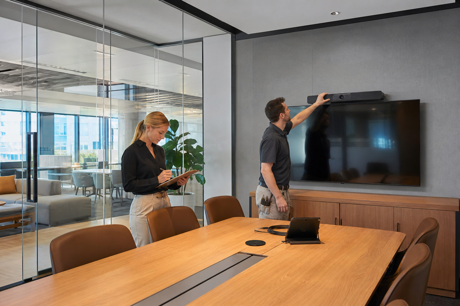 Commercial office meeting room AV commissioning before workplace handover