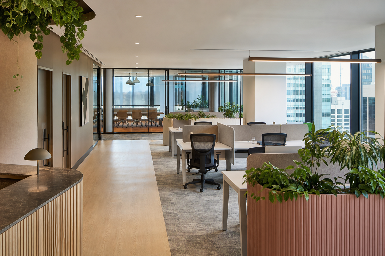 Completed commercial office fitout Sydney workspace with collaborative desk area