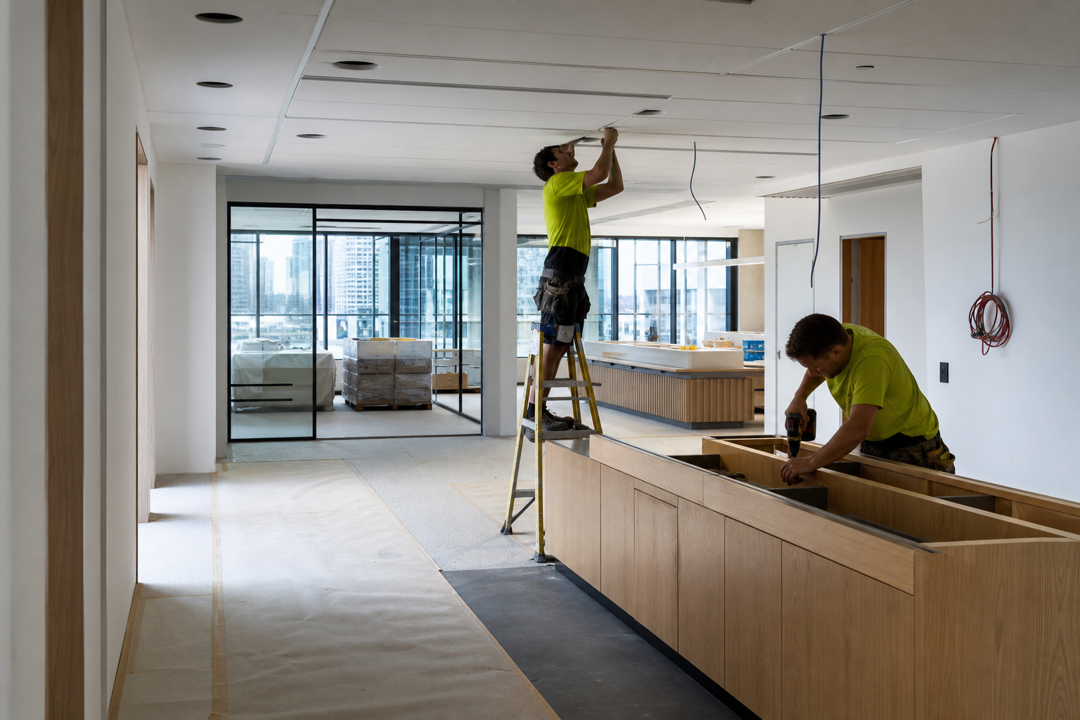 Office fitout construction team installing reception joinery in a Sydney workplace