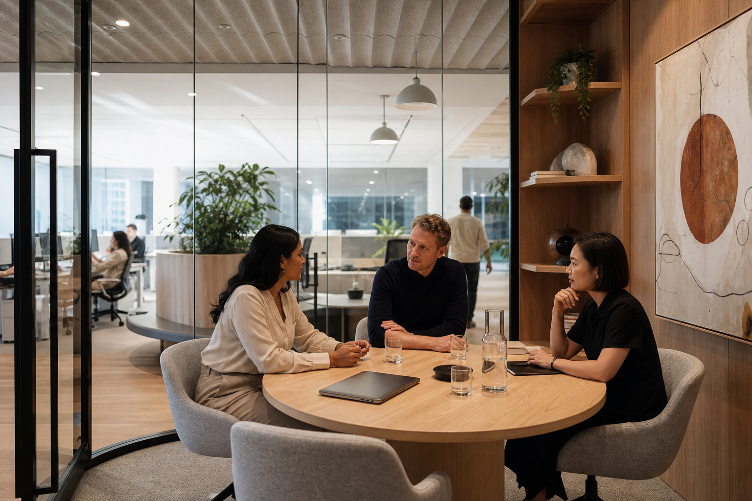 Completed Sydney office meeting room with professionals collaborating beside acoustic and joinery details