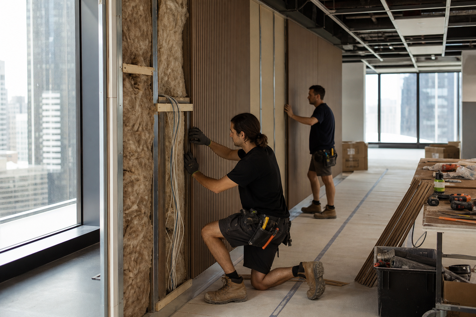 Tradespeople installing acoustic panelling and services during a Sydney office fitout