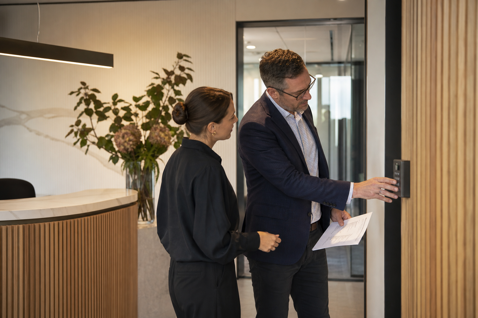 Project manager and client inspecting reception joinery during Sydney office fitout handover